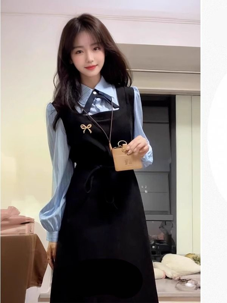 เดรสเชิ้ตสไตล์คอลเลจสีดำสุดหรู - Korean Style A Line Shirt Dress บทวิจารณ์และราคา