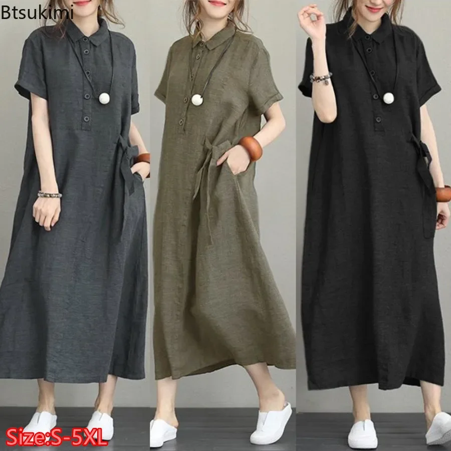 2026 ชุดเดรสฤดูร้อนผ้าฝ้ายลินิ - Casual Loose Linen Shirt Dress บทวิจารณ์และราคา
