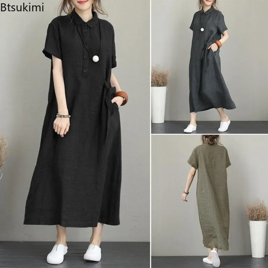 2026 ชุดเดรสฤดูร้อนผ้าฝ้ายลินิ - Casual Loose Linen Shirt Dress บทวิจารณ์และราคา