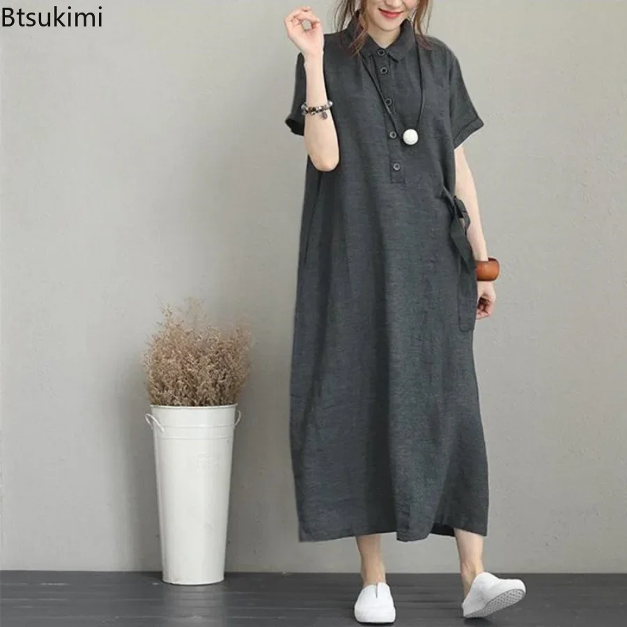 2026 ชุดเดรสฤดูร้อนผ้าฝ้ายลินิ - Casual Loose Linen Shirt Dress บทวิจารณ์และราคา