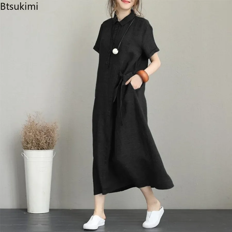 2026 ชุดเดรสฤดูร้อนผ้าฝ้ายลินิ - Casual Loose Linen Shirt Dress บทวิจารณ์และราคา