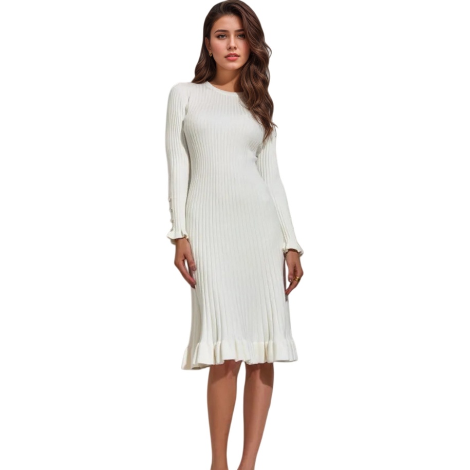 เดรสไหมพรมแขนยาวทรงเข้ารูปสำหร - Bodycon Long Sleeve Ribbed Dress บทวิจารณ์และราคา