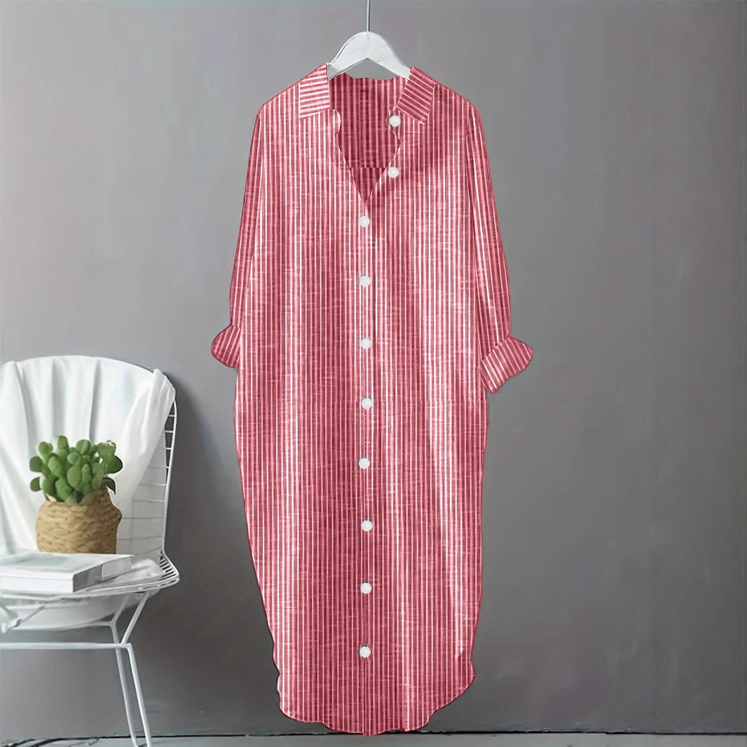 เดรสเชิ้ตผ้าฝ้ายลินินลายทางสไต - Casual Loose Linen Shirt Dress บทวิจารณ์และราคา