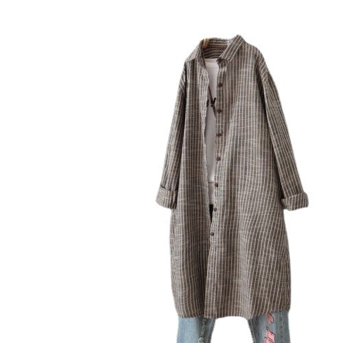 เดรสเชิ้ตผ้าฝ้ายลินินลายทางสไต - Casual Loose Linen Shirt Dress บทวิจารณ์และราคา