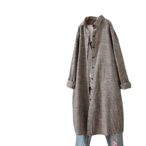 เดรสเชิ้ตผ้าฝ้ายลินินลายทางสไต - Casual Loose Linen Shirt Dress บทวิจารณ์และราคา