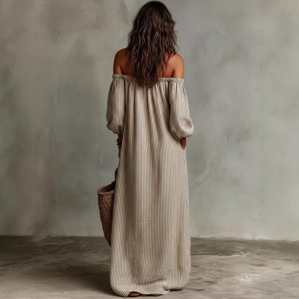 เดรสยาวลายทางเปิดไหล่สำหรับผู้ - Off Shoulder Puff Sleeve Sundress บทวิจารณ์และราคา