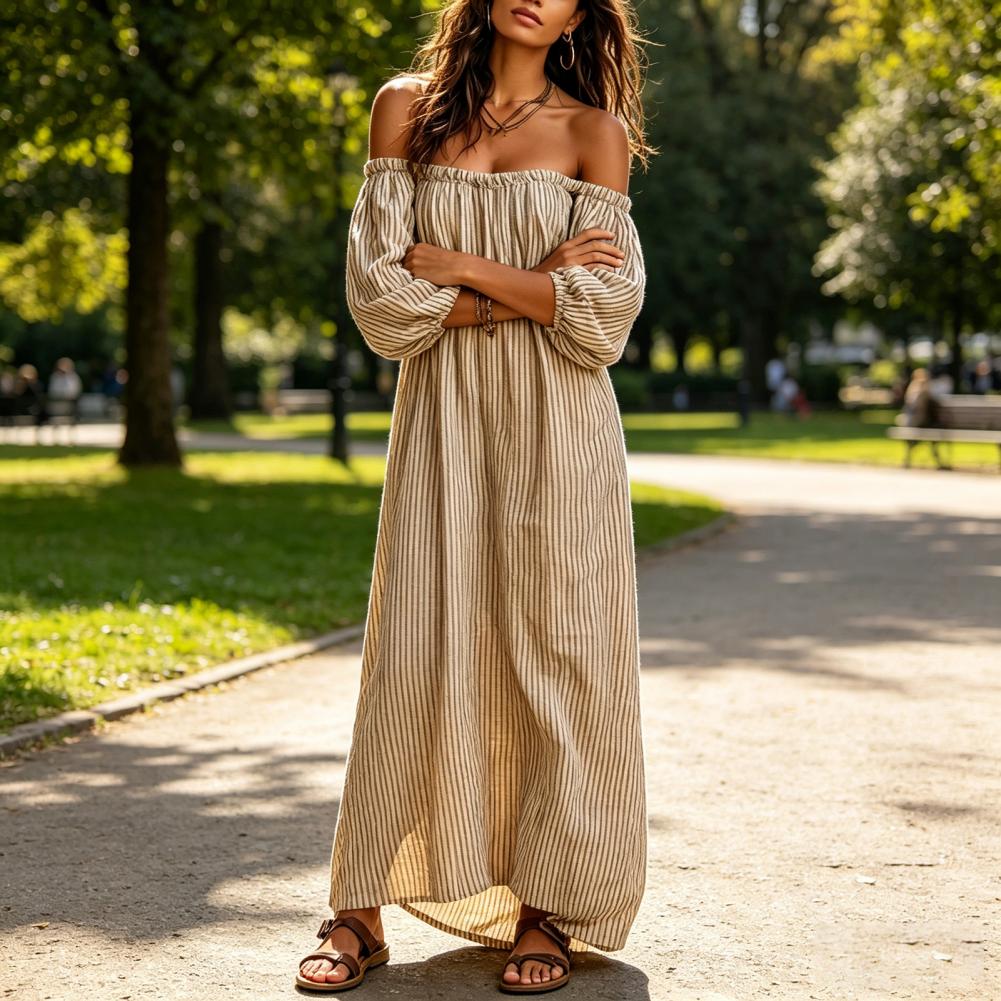 เดรสยาวลายทางเปิดไหล่สำหรับผู้ - Off Shoulder Puff Sleeve Sundress บทวิจารณ์และราคา