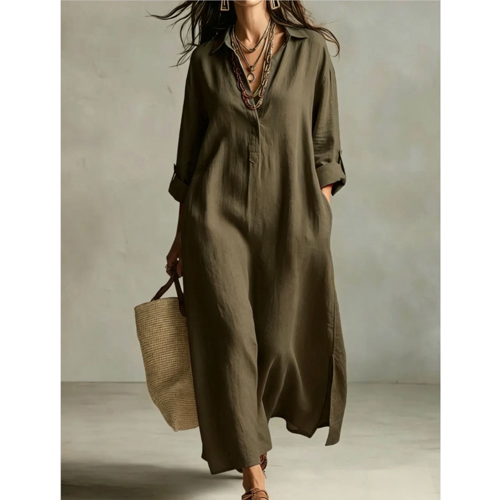 เดรสเชิ้ตผ้าลินินวินเทจสำหรับผ - Casual Loose Linen Shirt Dress บทวิจารณ์และราคา