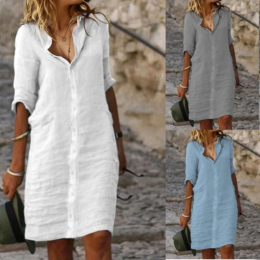 เดรสเชิ้ตทรงหลวมติดกระดุม ความ - Casual Loose Linen Shirt Dress บทวิจารณ์และราคา