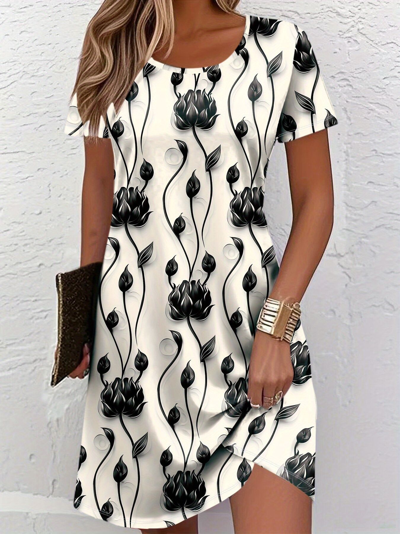 เดรสผู้หญิงทรงหลวมพิมพ์ลายดอกไ - French Vintage Floral Midi Dress บทวิจารณ์และราคา