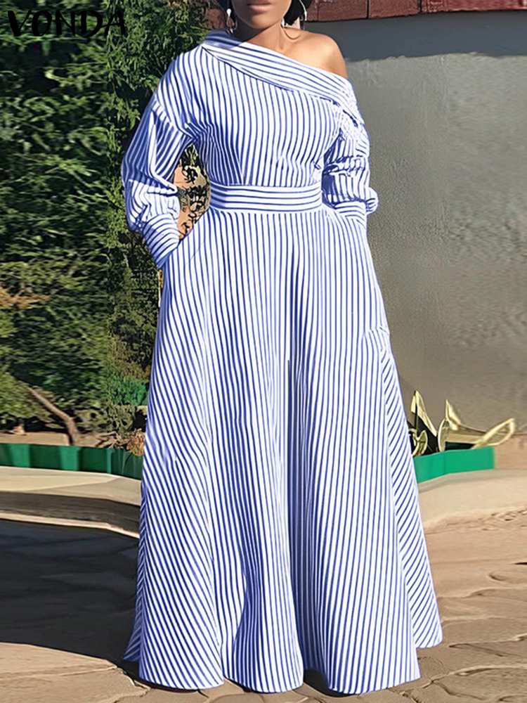 VONDA 2024 ผู้หญิงElegantลายMa - Off Shoulder Puff Sleeve Sundress บทวิจารณ์และราคา
