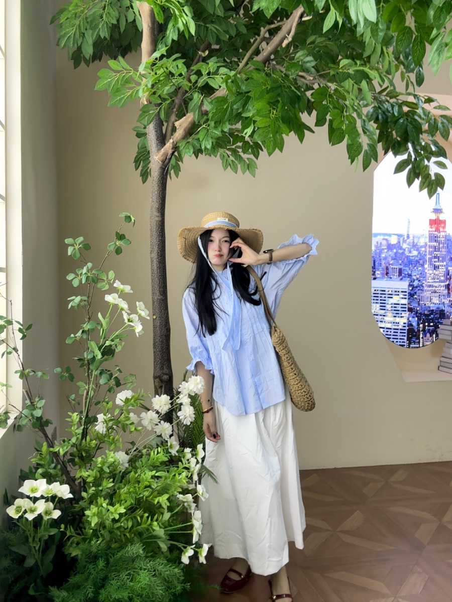 เสื้อแขนฟองสีฟ้าสำหรับผู้หญิงไ - Korean Style A Line Shirt Dress บทวิจารณ์และราคา