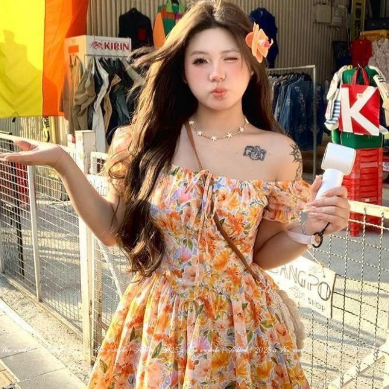 ชุดเดรสสั้นพิมพ์ลายดอกไม้สีส้ม - Off Shoulder Puff Sleeve Sundress บทวิจารณ์และราคา