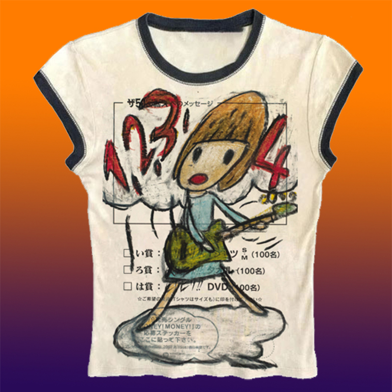 Y2K เกาหลีเสื้อผ้ายอดนิยม Emo  - Y2K Graphic Baby Tee Crop บทวิจารณ์และราคา