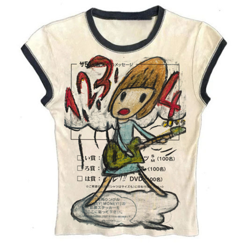 Y2K เกาหลีเสื้อผ้ายอดนิยม Emo  - Y2K Graphic Baby Tee Crop บทวิจารณ์และราคา