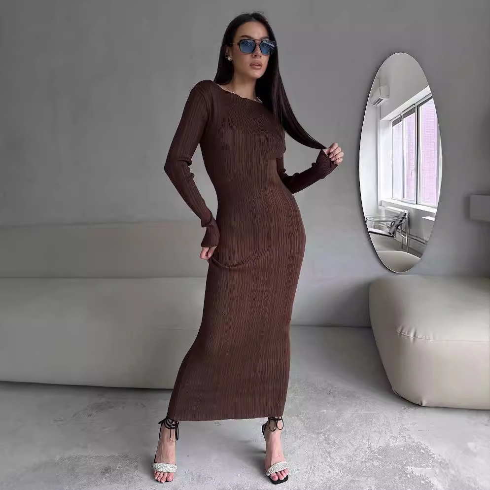 เดรสยาวทรงเข้ารูป แขนยาว คอวี  - Bodycon Long Sleeve Ribbed Dress บทวิจารณ์และราคา