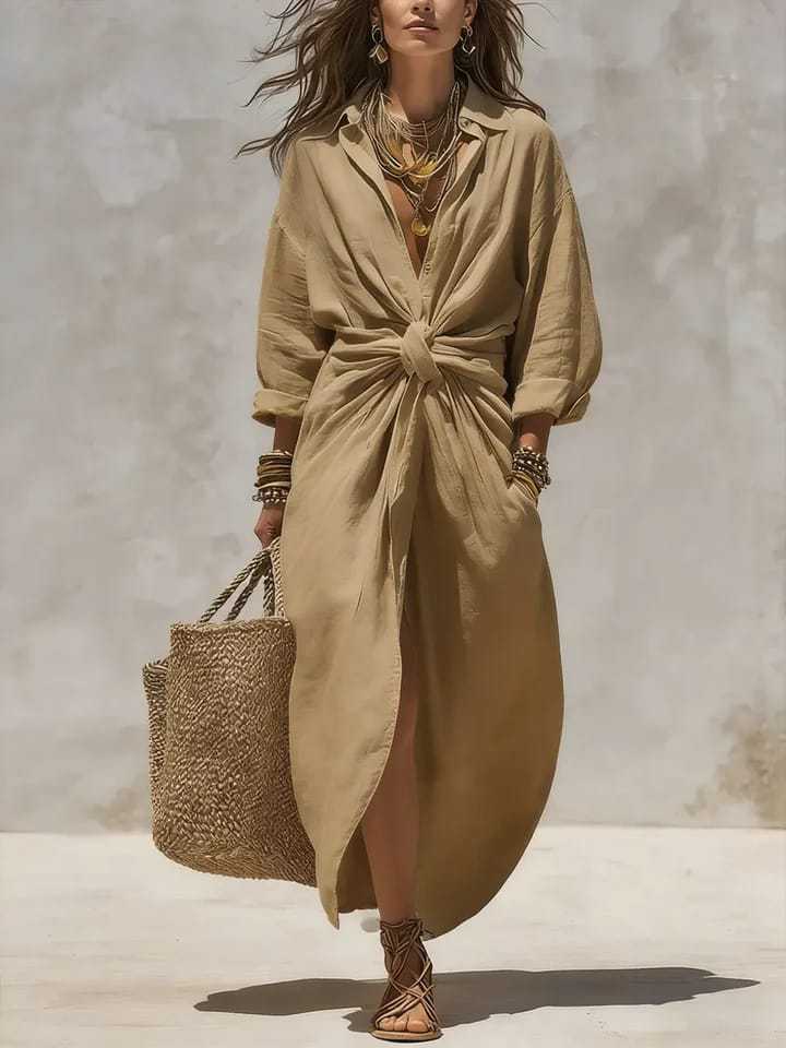 เดรสผ้าลินินสีขาวสไตล์โบฮีเมีย - Casual Loose Linen Shirt Dress บทวิจารณ์และราคา