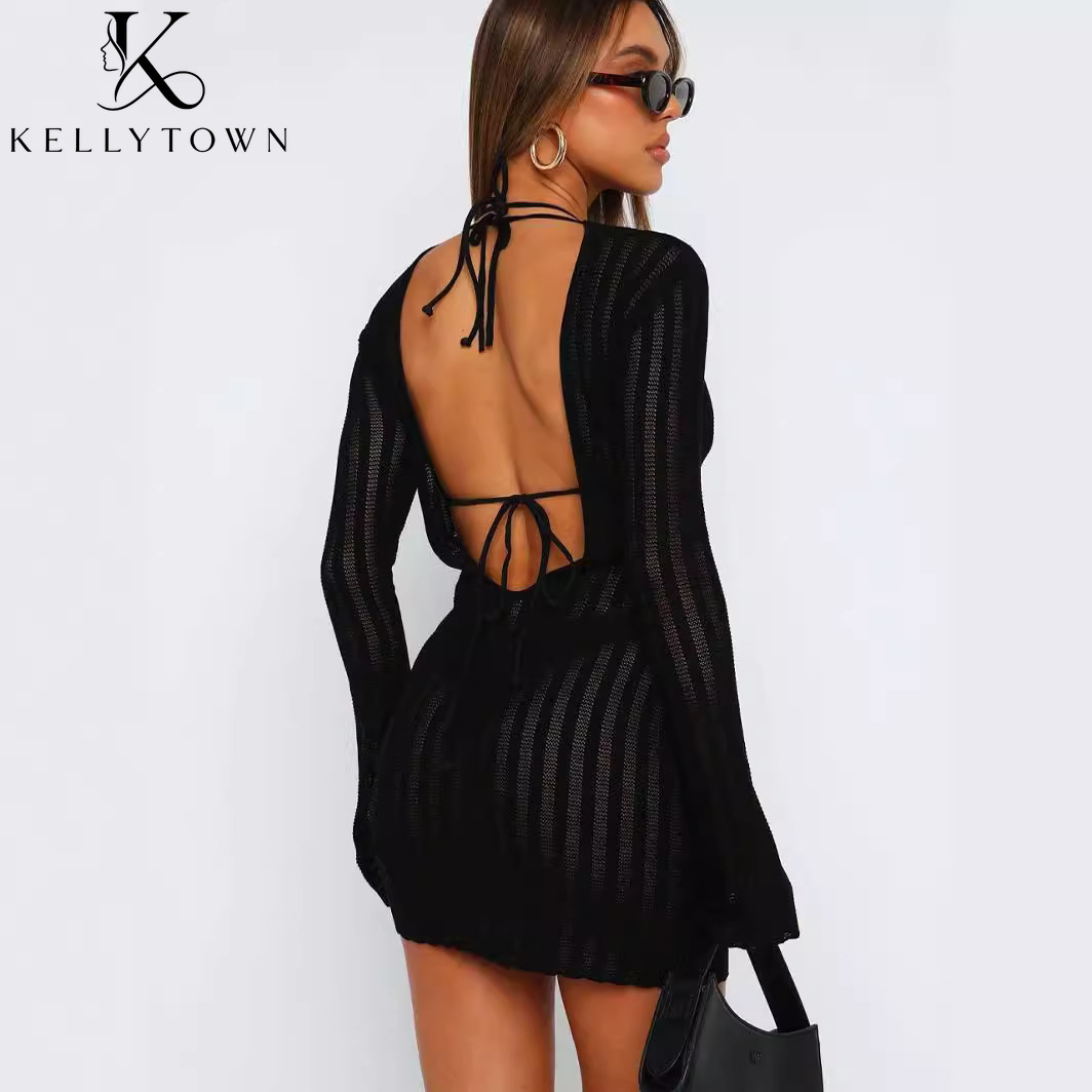 เดรสเปิดหลัง เซ็กซี่ ผ้าริบถัก - Bodycon Long Sleeve Ribbed Dress บทวิจารณ์และราคา