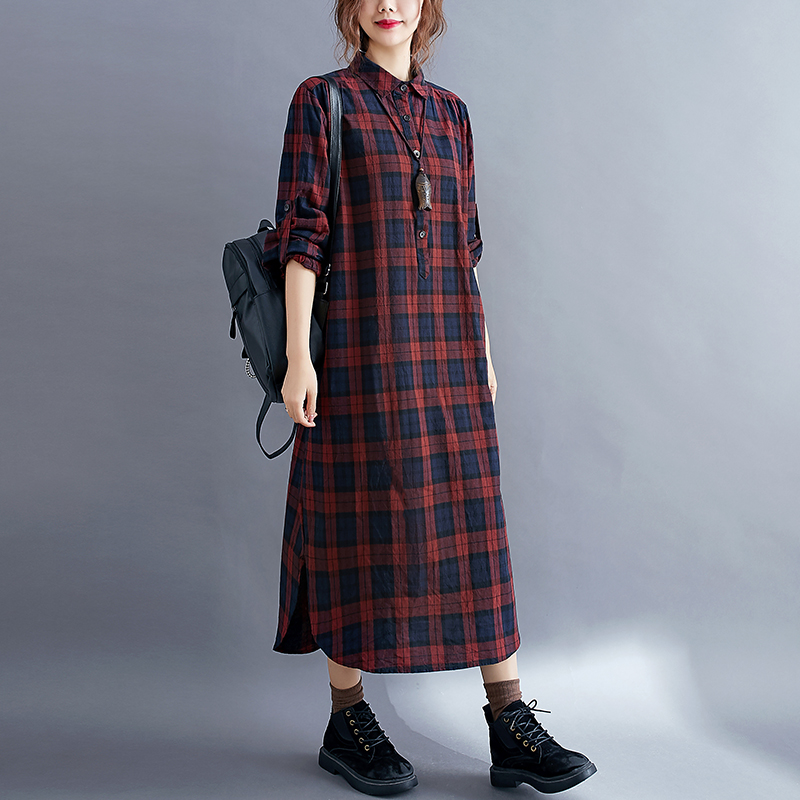 เดรสเชิ้ตแขนยาวลายสก็อตสไตล์ลำ - Korean Style A Line Shirt Dress บทวิจารณ์และราคา