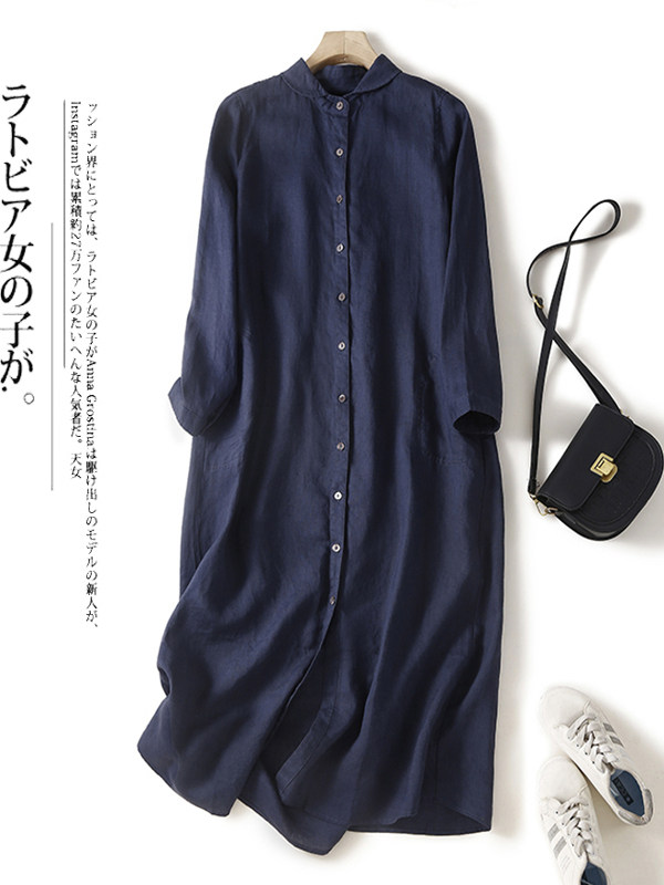 เดรสเชิ้ตผ้าฝ้ายลินินทรงหลวม แ - Casual Loose Linen Shirt Dress บทวิจารณ์และราคา