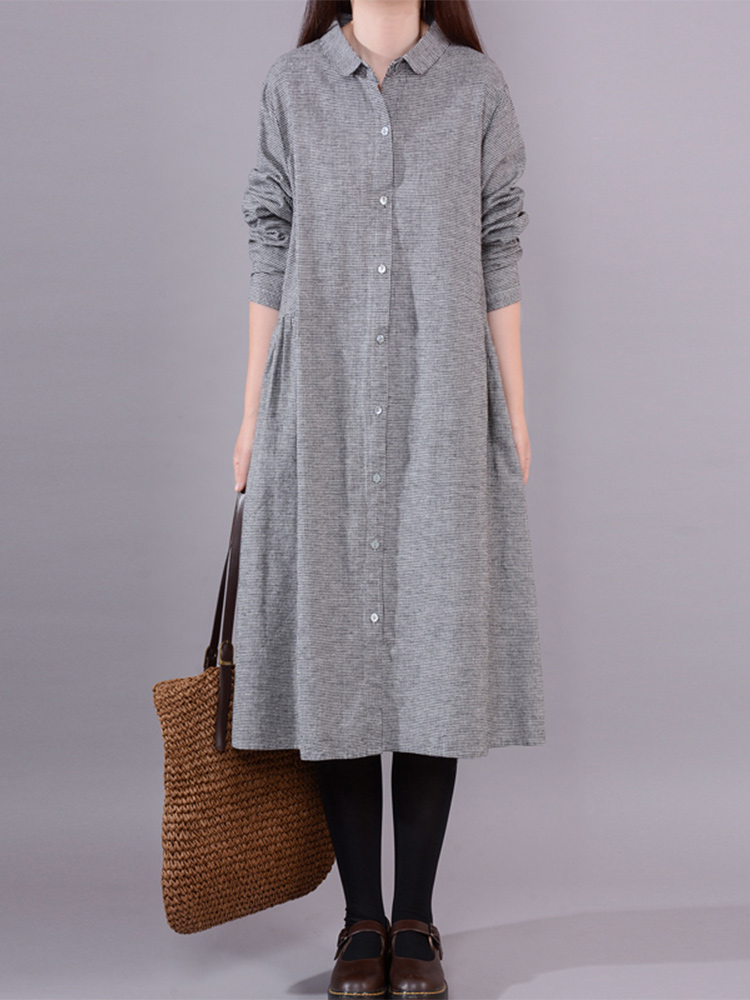 เดรสเชิ้ตผ้าฝ้ายลินินลายสก็อตแ - Korean Style A Line Shirt Dress บทวิจารณ์และราคา