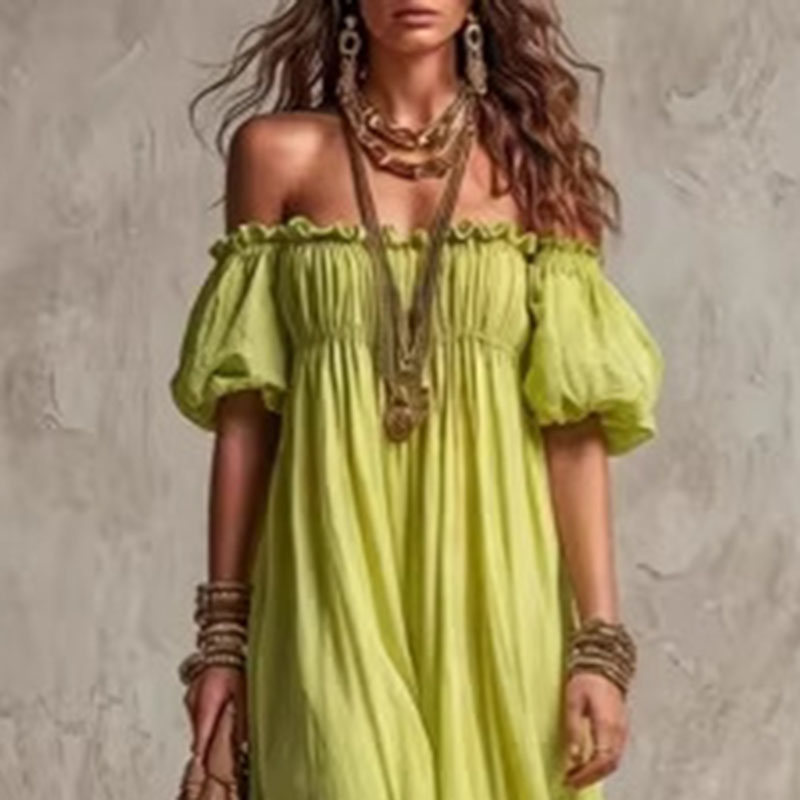 เดรสยาวลำลองสำหรับผู้หญิง เอวย - Off Shoulder Puff Sleeve Sundress บทวิจารณ์และราคา