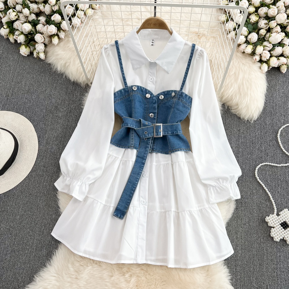 ชุดเดรสยีนส์แขนยาวสไตล์ฮ่องกงย - Korean Style A Line Shirt Dress บทวิจารณ์และราคา