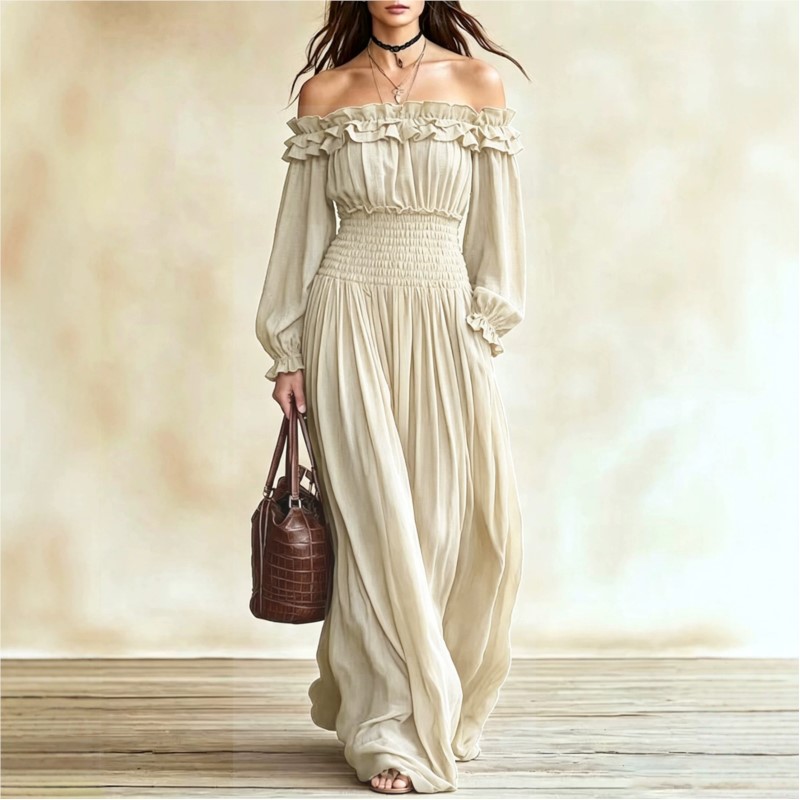 เดรสยาวผู้หญิงแบบเปิดไหล่พร้อม - Off Shoulder Puff Sleeve Sundress บทวิจารณ์และราคา