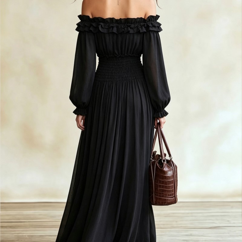 เดรสยาวผู้หญิงแบบเปิดไหล่พร้อม - Off Shoulder Puff Sleeve Sundress บทวิจารณ์และราคา