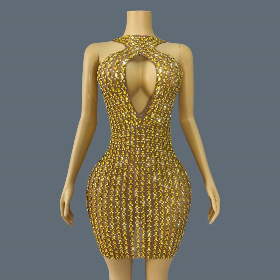 ชุดมินิเดรสเซ็กซี่แบบเว้าช่วงต - Sparkly Rhinestone Club Party Dress บทวิจารณ์และราคา