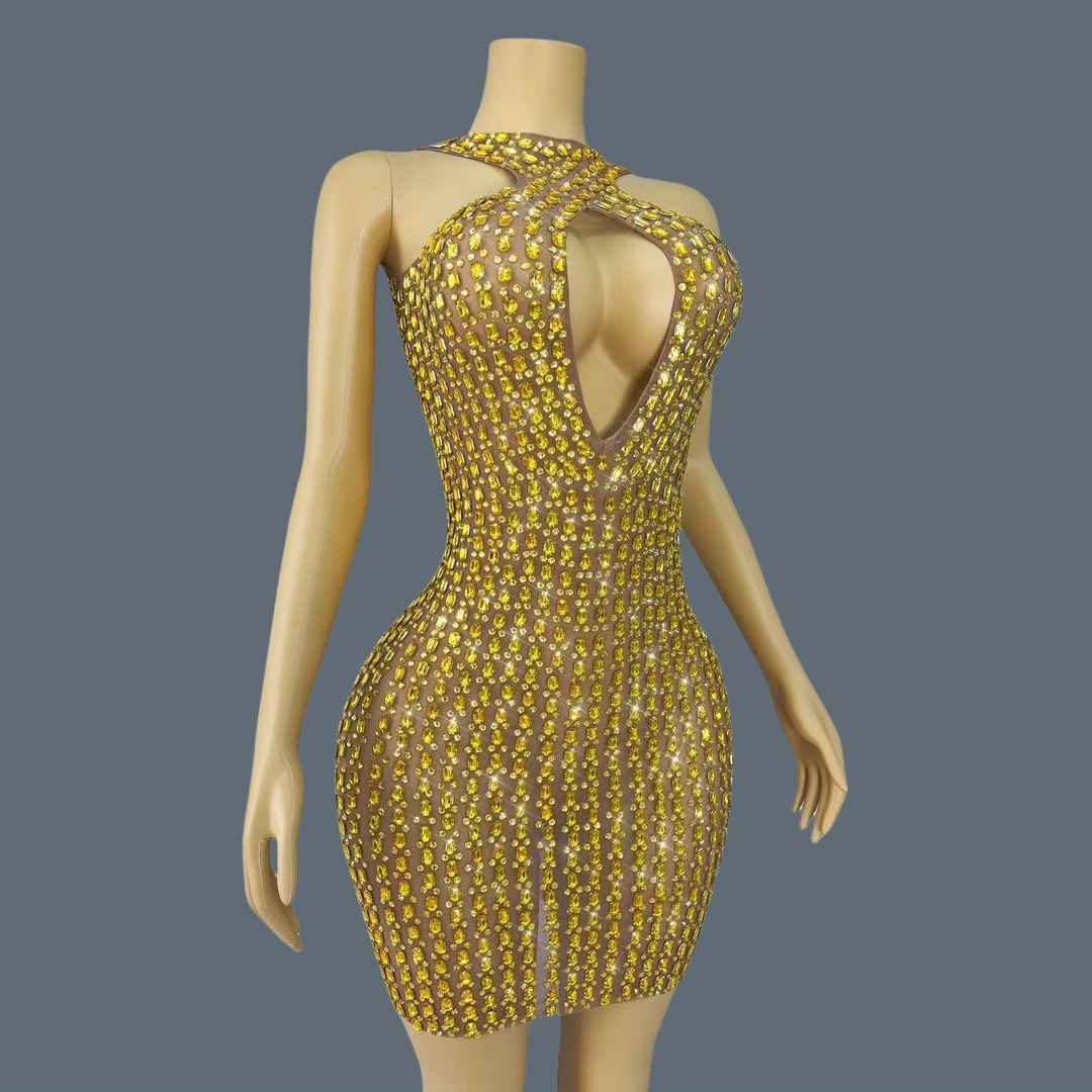 ชุดมินิเดรสเซ็กซี่แบบเว้าช่วงต - Sparkly Rhinestone Club Party Dress บทวิจารณ์และราคา