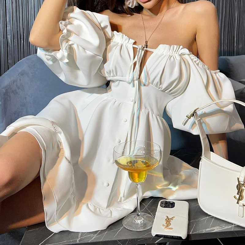 เดรสสั้นเปิดไหล่สำหรับผู้หญิง  - Off Shoulder Puff Sleeve Sundress บทวิจารณ์และราคา