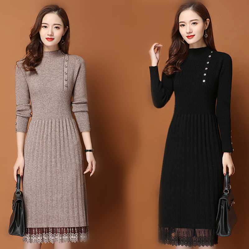 ลูกไม้ Hem ปุ่มผู้หญิงฤดูใบไม้ - Bodycon Long Sleeve Ribbed Dress บทวิจารณ์และราคา