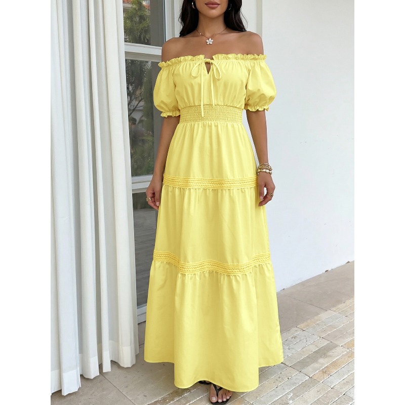 เดรสยาวทรงเอ สไตล์โบฮีเมียนสำห - Off Shoulder Puff Sleeve Sundress บทวิจารณ์และราคา