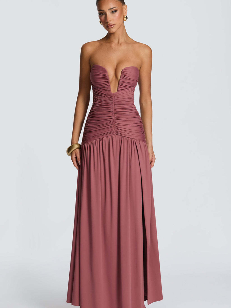 เดรสยาวทรงเข้ารูป ผ้าซาติน จับ - Elegant Satin Evening Gown Split บทวิจารณ์และราคา
