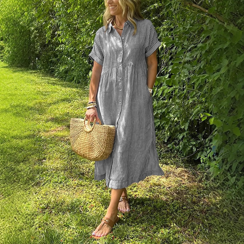 เดรสเชิ้ตลายทางสำหรับผู้หญิง ฤ - Casual Loose Linen Shirt Dress บทวิจารณ์และราคา