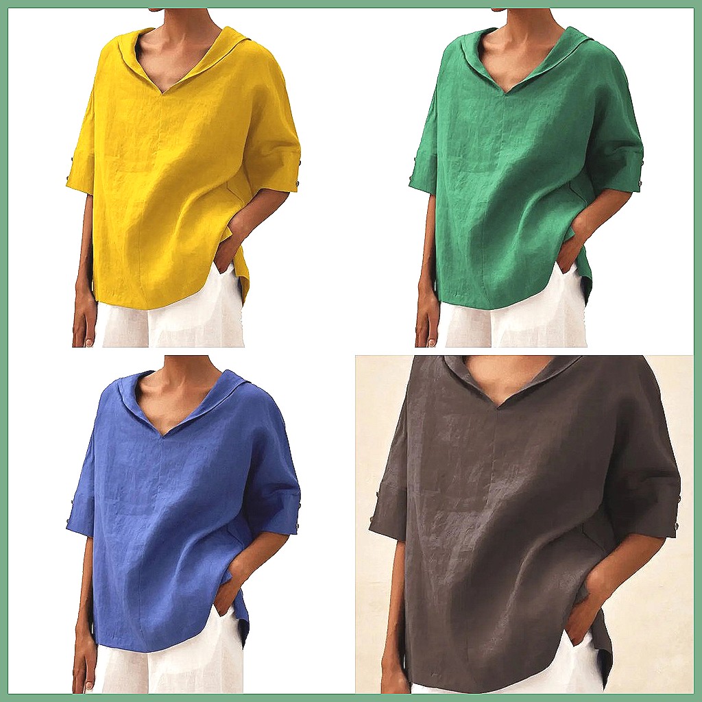 เสื้อเชิ้ตผ้าฝ้ายลินินคอวีทรงห - Blouses บทวิจารณ์และราคา