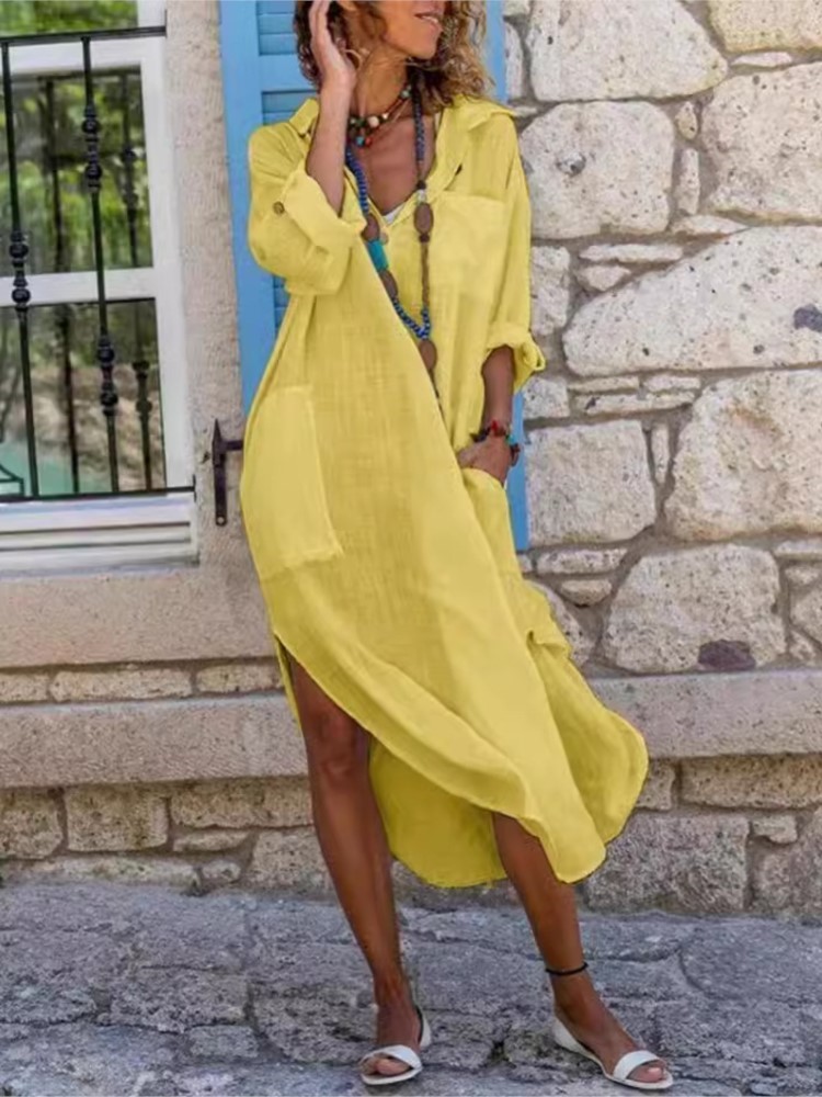 ชุดเดรสเชิ้ตผู้หญิงสีขาวสีทึบป - Casual Loose Linen Shirt Dress บทวิจารณ์และราคา