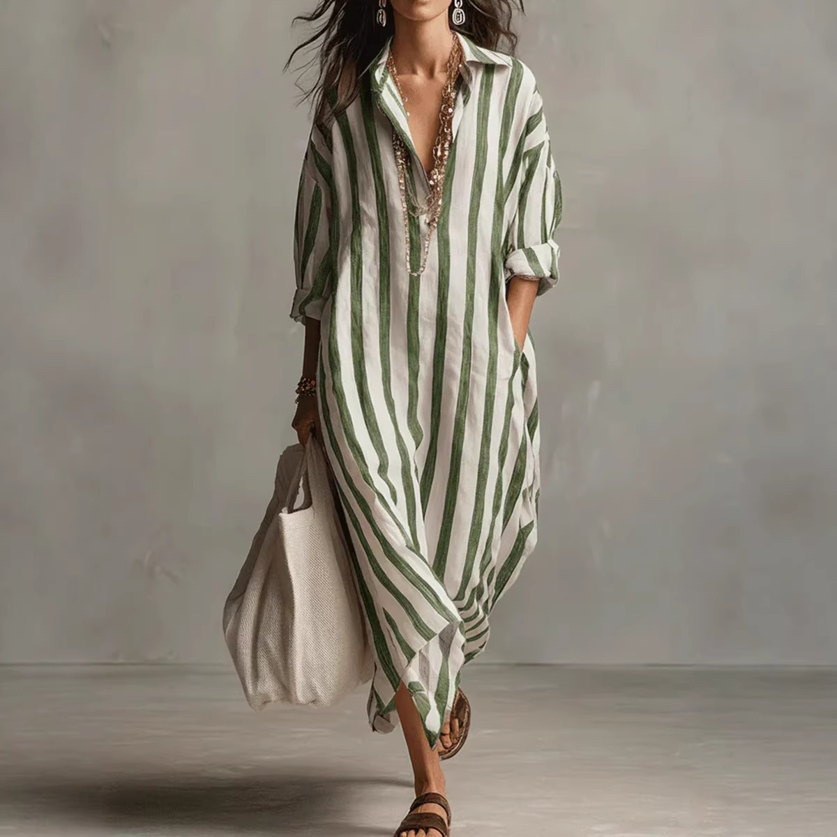 เดรสเชิ้ตผ้าลินินลายทาง คอปกพั - Casual Loose Linen Shirt Dress บทวิจารณ์และราคา