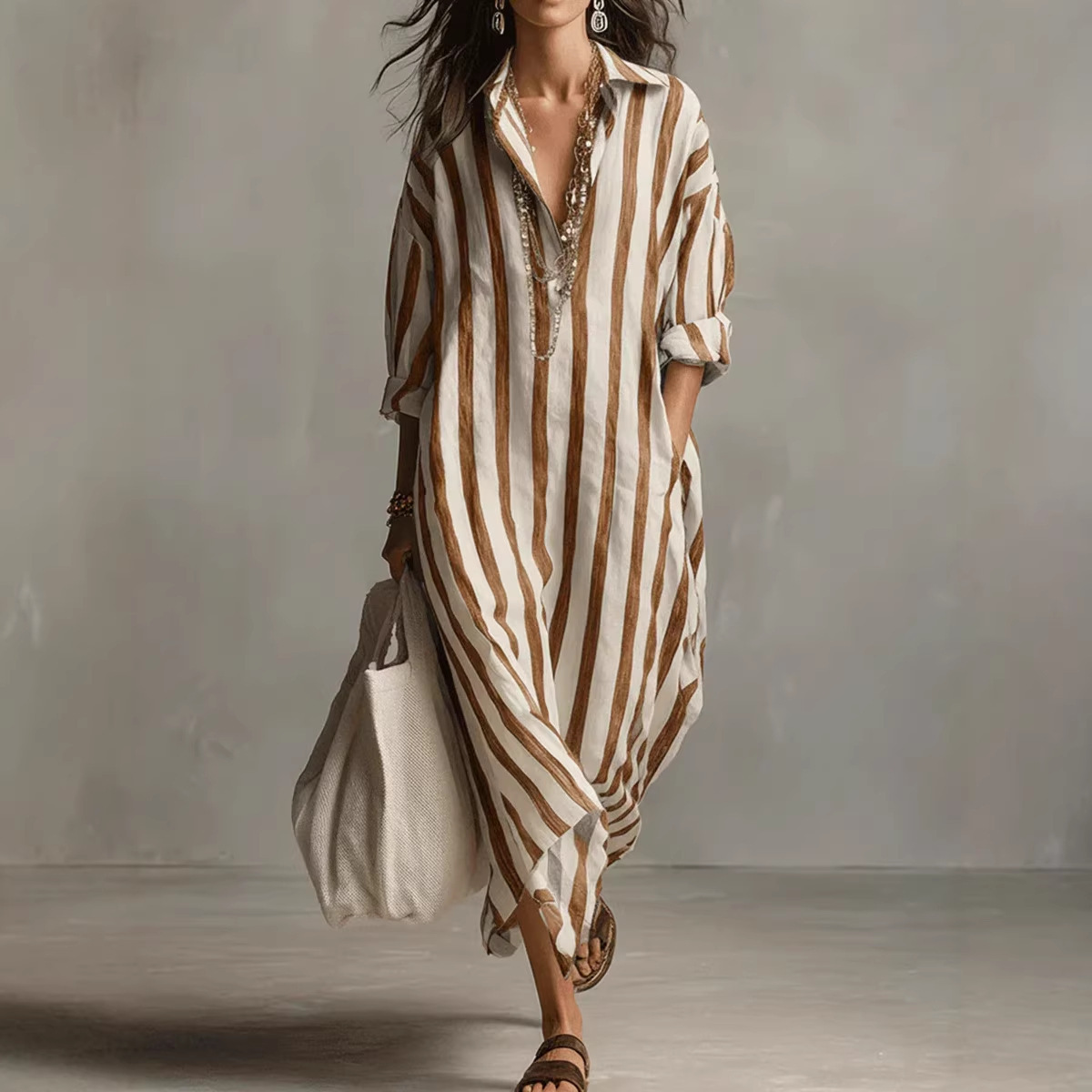 เดรสเชิ้ตผ้าลินินลายทาง คอปกพั - Casual Loose Linen Shirt Dress บทวิจารณ์และราคา