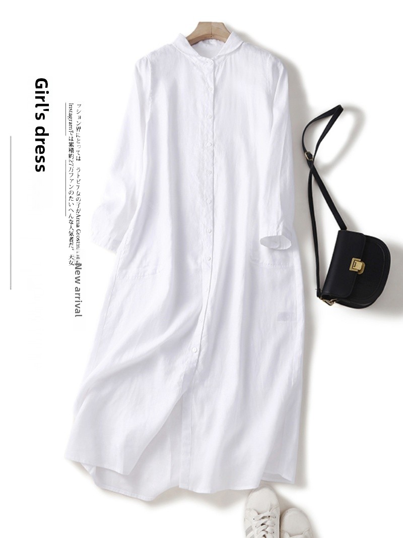 เดรสเชิ้ตผ้าลินินผสมฝ้าย แขนยา - Casual Loose Linen Shirt Dress บทวิจารณ์และราคา