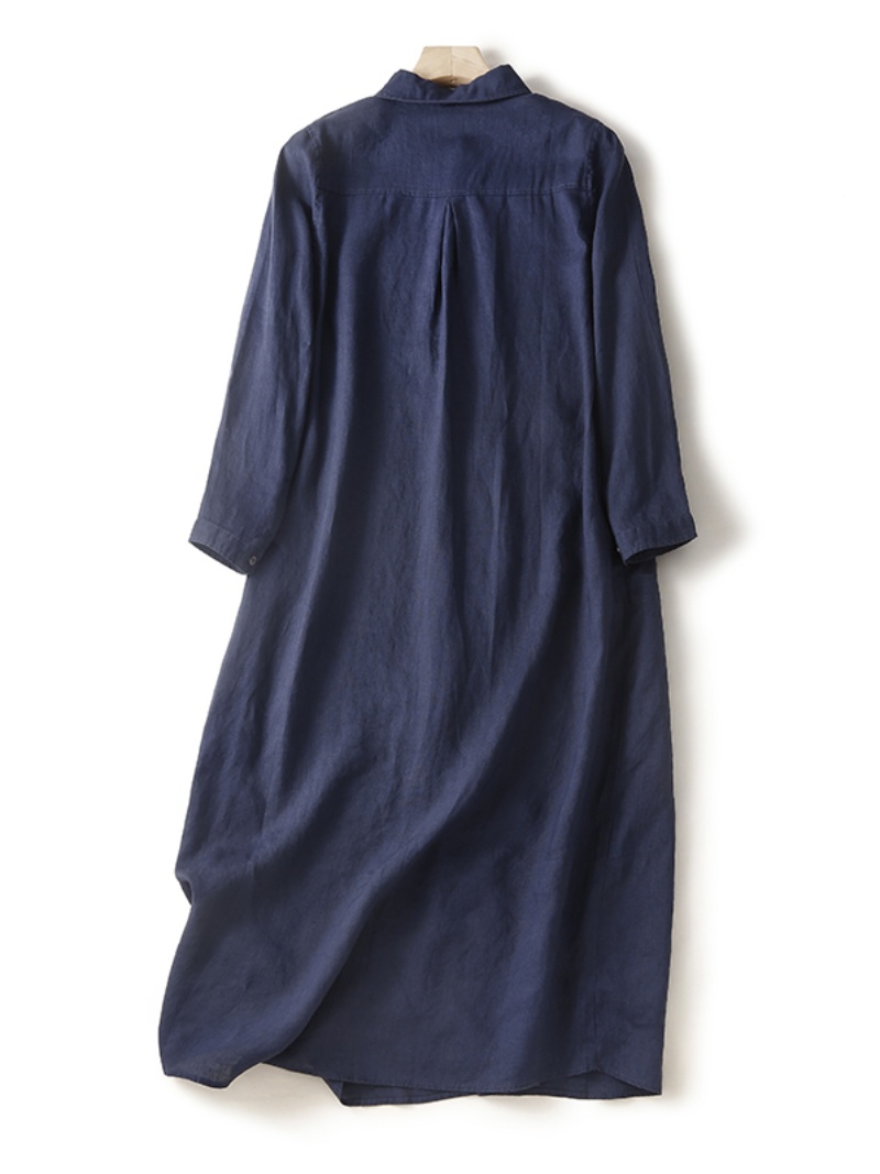 เดรสเชิ้ตผ้าลินินผสมฝ้าย แขนยา - Casual Loose Linen Shirt Dress บทวิจารณ์และราคา