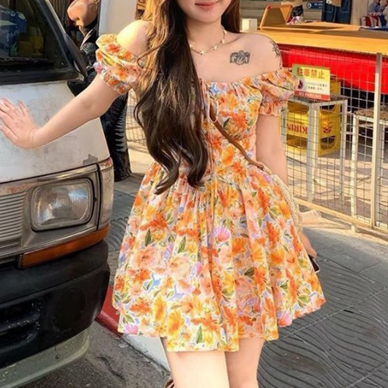 เดรสสั้นพิมพ์ลายดอกสีส้ม แขนพอ - Off Shoulder Puff Sleeve Sundress บทวิจารณ์และราคา
